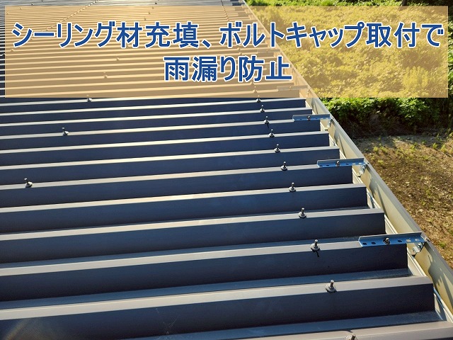 シーリング充填後ボルトキャップを取り付けた倉庫屋根